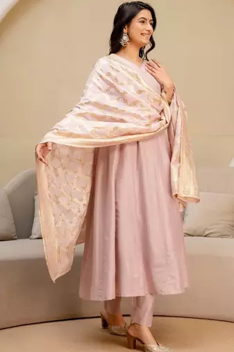 ethnic motifs printed thread work  silk kurta with trousers & dupatta