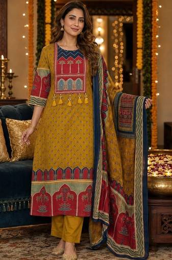 women ethnic motifs printed regular  cotton kurta with trousers & with dupatta