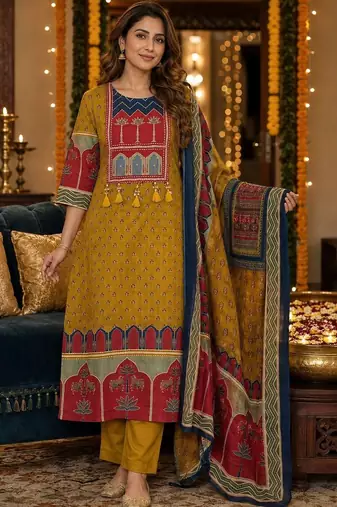 women ethnic motifs printed regular  cotton kurta with trousers & with dupatta