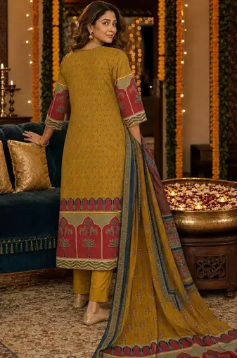 women ethnic motifs printed regular  cotton kurta with trousers & with dupatta