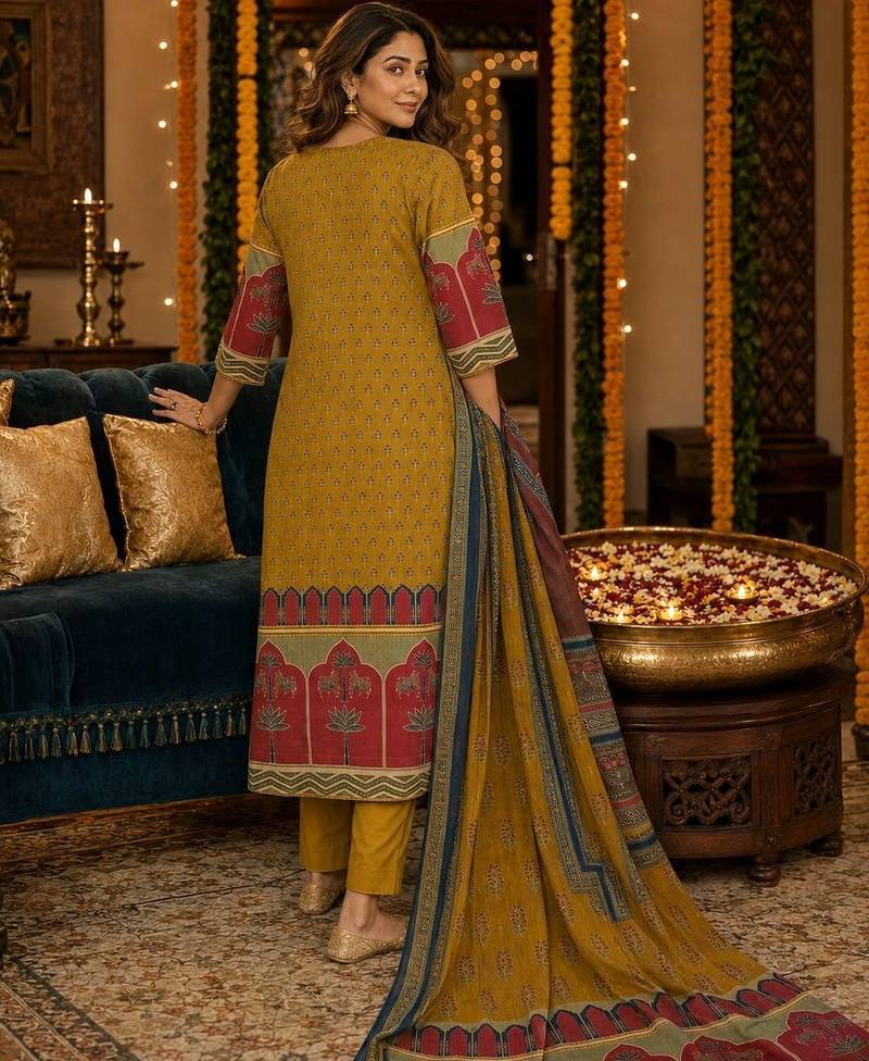 women ethnic motifs printed regular  cotton kurta with trousers & with dupatta