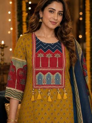 women ethnic motifs printed regular  cotton kurta with trousers & with dupatta 3