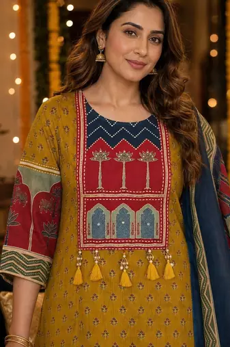 women ethnic motifs printed regular  cotton kurta with trousers & with dupatta