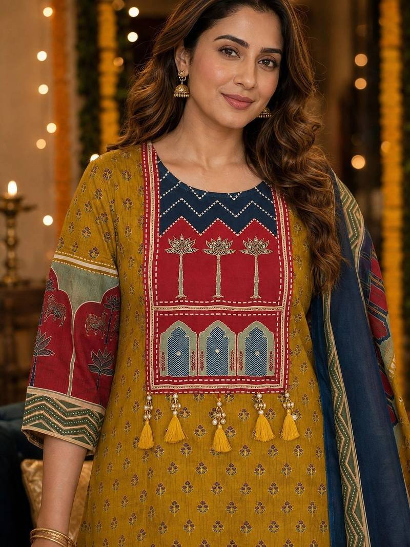 women ethnic motifs printed regular  cotton kurta with trousers & with dupatta