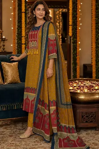 women ethnic motifs printed regular  cotton kurta with trousers & with dupatta