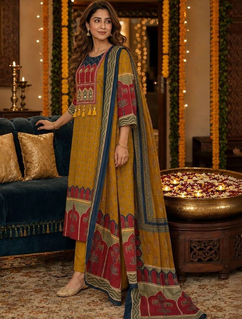 women ethnic motifs printed regular  cotton kurta with trousers & with dupatta
