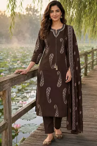 women ethnic motifs printed regular thread work  cotton kurta with trousers & with dupatta