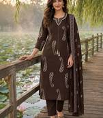 women ethnic motifs printed regular thread work  cotton kurta with trousers & with dupatta