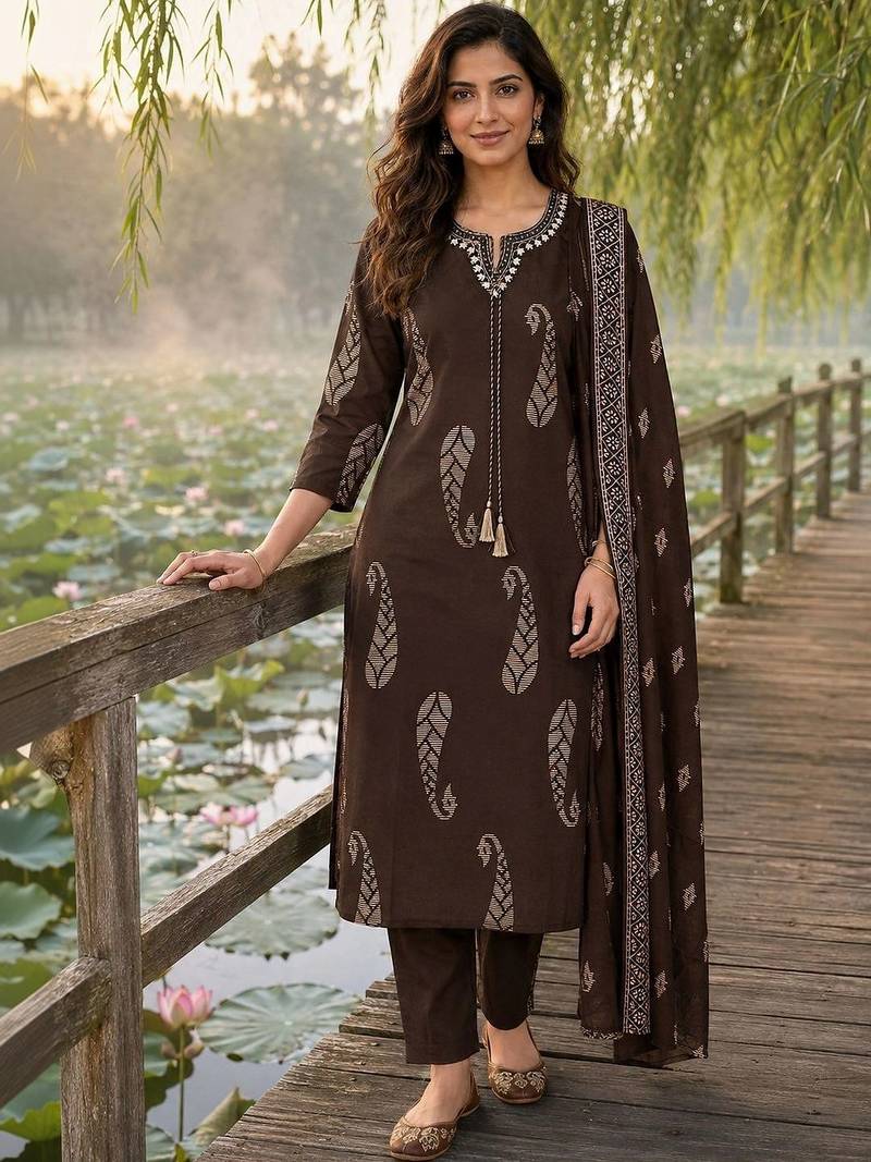 women ethnic motifs printed regular thread work  cotton kurta with trousers & with dupatta