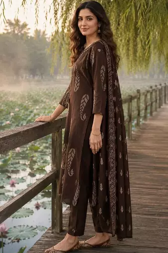 women ethnic motifs printed regular thread work  cotton kurta with trousers & with dupatta