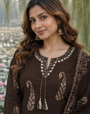 women ethnic motifs printed regular thread work  cotton kurta with trousers & with dupatta 4