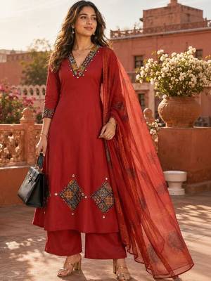 women ethnic motifs regular thread work  cotton kurta with palazzos & with dupatta 1