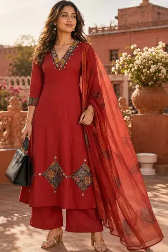 women ethnic motifs regular thread work  cotton kurta with palazzos & with dupatta