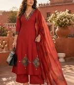 women ethnic motifs regular thread work  cotton kurta with palazzos & with dupatta