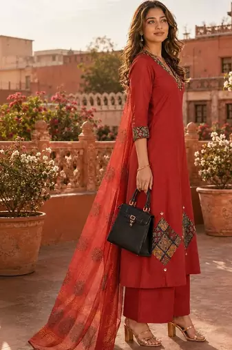 women ethnic motifs regular thread work  cotton kurta with palazzos & with dupatta