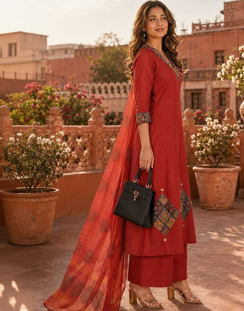 women ethnic motifs regular thread work  cotton kurta with palazzos & with dupatta