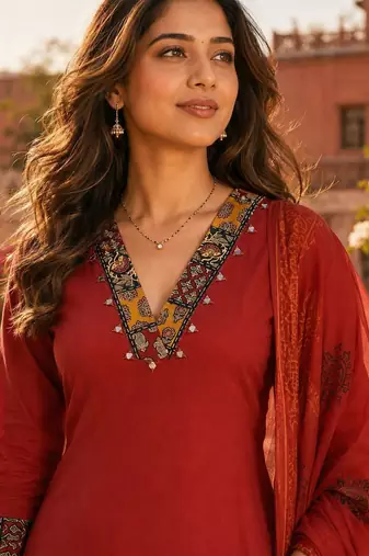 women ethnic motifs regular thread work  cotton kurta with palazzos & with dupatta