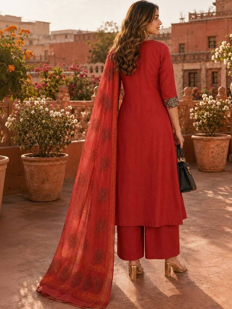 women ethnic motifs regular thread work  cotton kurta with palazzos & with dupatta