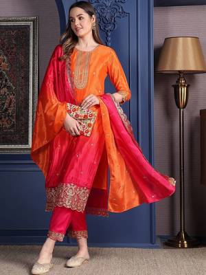 women ethnic motifs embroidered empire thread work kurta with trousers & with dupatta 1