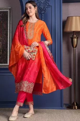 women ethnic motifs embroidered empire thread work kurta with trousers & with dupatta