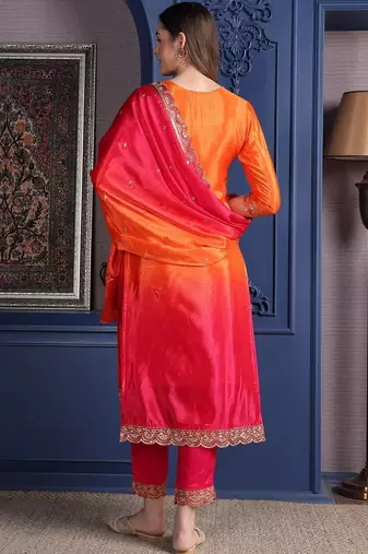 women ethnic motifs embroidered empire thread work kurta with trousers & with dupatta
