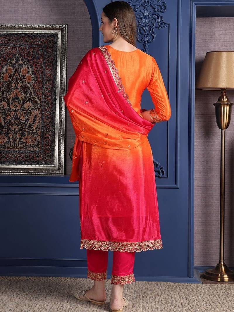 women ethnic motifs embroidered empire thread work kurta with trousers & with dupatta