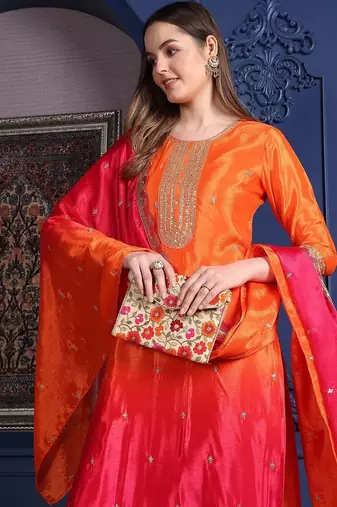 women ethnic motifs embroidered empire thread work kurta with trousers & with dupatta