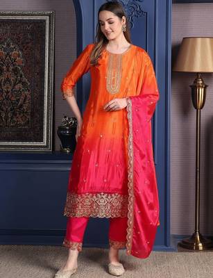 women ethnic motifs embroidered empire thread work kurta with trousers & with dupatta 5