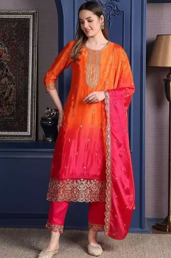 women ethnic motifs embroidered empire thread work kurta with trousers & with dupatta