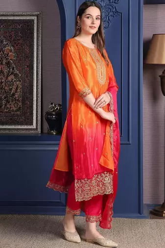 women ethnic motifs embroidered empire thread work kurta with trousers & with dupatta