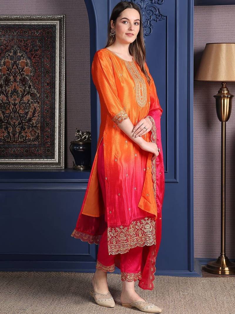 women ethnic motifs embroidered empire thread work kurta with trousers & with dupatta