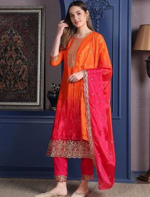 women ethnic motifs embroidered empire thread work kurta with trousers & with dupatta 7