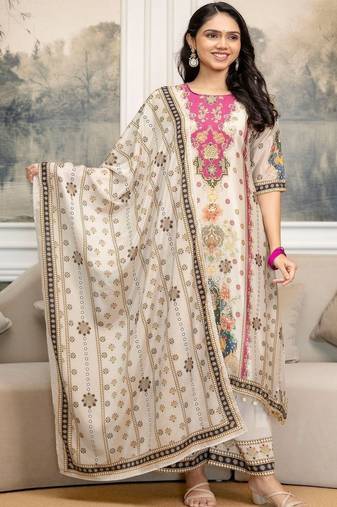 women ethnic motifs printed regular kurta with trousers & with dupatta