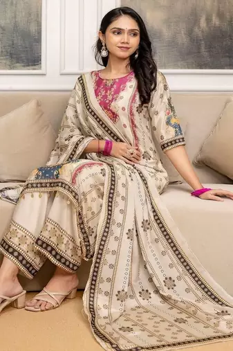 women ethnic motifs printed regular kurta with trousers & with dupatta