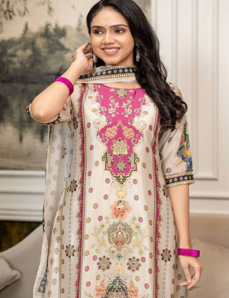 women ethnic motifs printed regular kurta with trousers & with dupatta