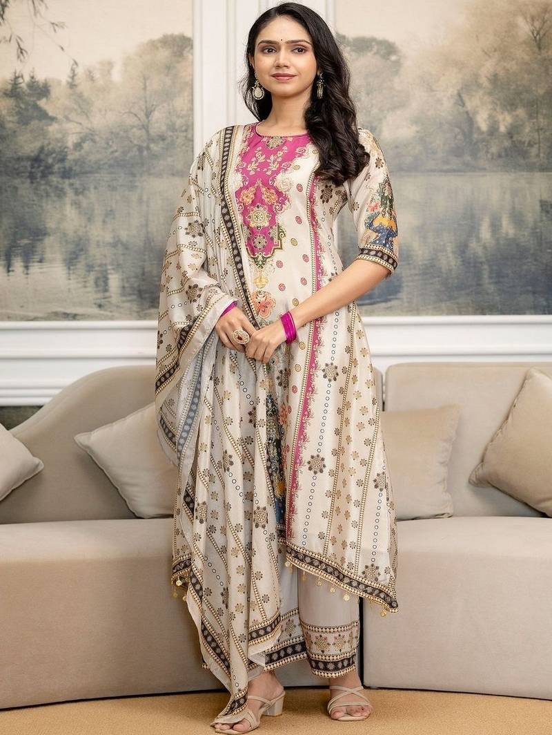 women ethnic motifs printed regular kurta with trousers & with dupatta