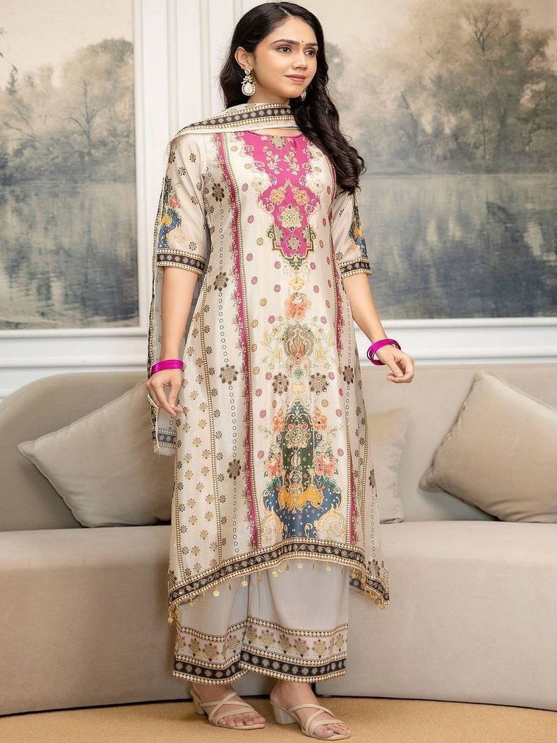 women ethnic motifs printed regular kurta with trousers & with dupatta