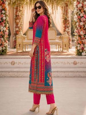 women floral printed regular thread work kurta with trousers & with dupatta 1