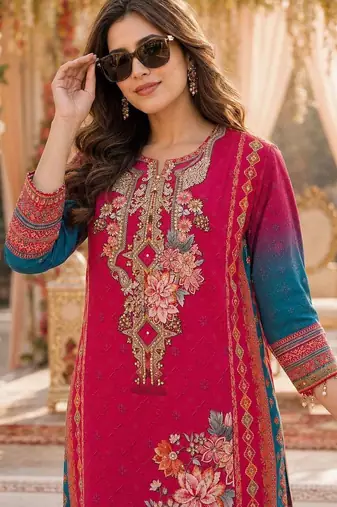 women floral printed regular thread work kurta with trousers & with dupatta