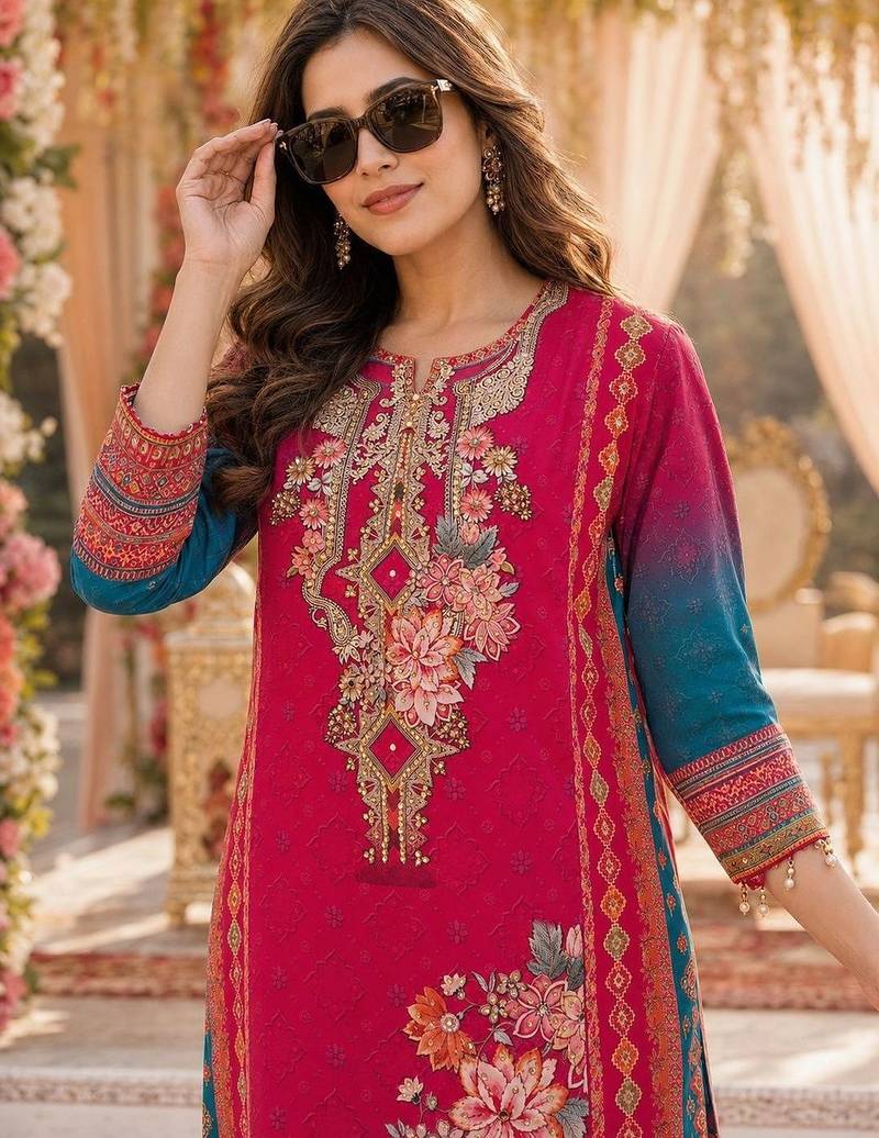women floral printed regular thread work kurta with trousers & with dupatta