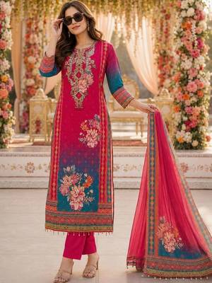 women floral printed regular thread work kurta with trousers & with dupatta 3