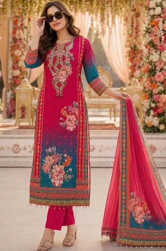 women floral printed regular thread work kurta with trousers & with dupatta