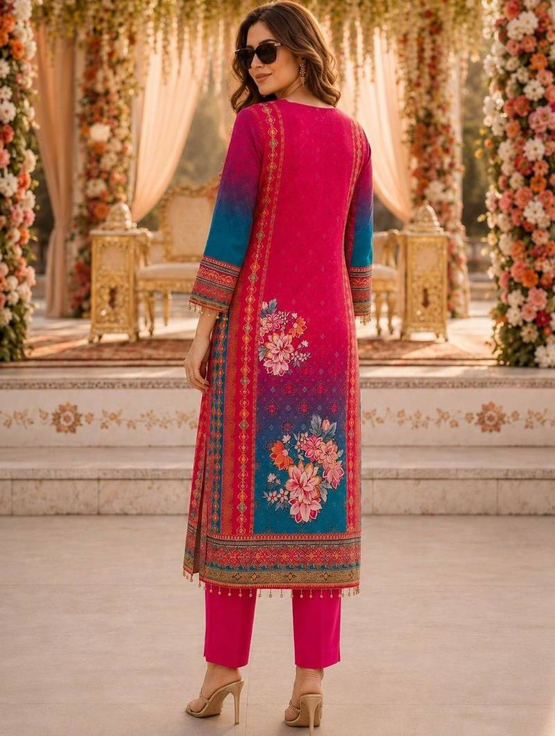 women floral printed regular thread work kurta with trousers & with dupatta