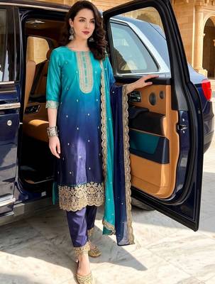 women ombre dyed regular thread work  silk kurta with trousers & with dupatta 1