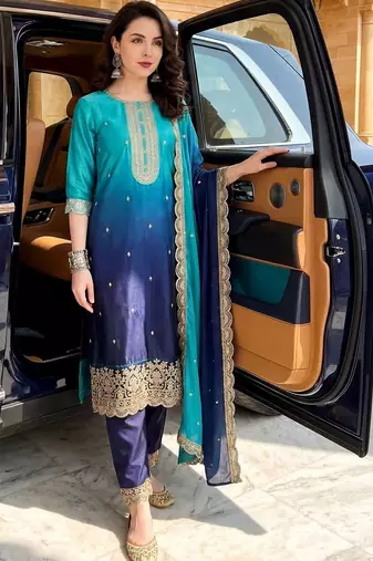 women ombre dyed regular thread work  silk kurta with trousers & with dupatta