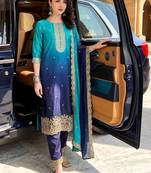women ombre dyed regular thread work  silk kurta with trousers & with dupatta