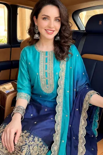 women ombre dyed regular thread work  silk kurta with trousers & with dupatta