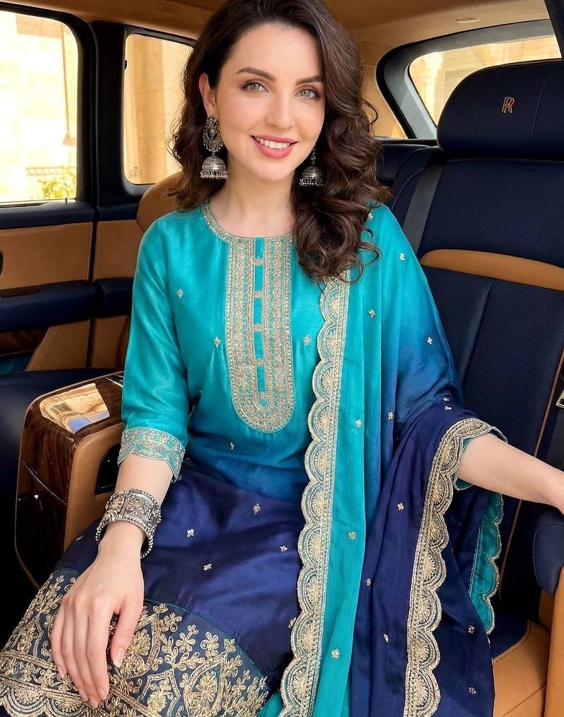 women ombre dyed regular thread work  silk kurta with trousers & with dupatta