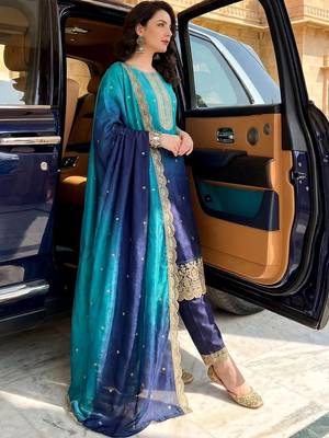 women ombre dyed regular thread work  silk kurta with trousers & with dupatta 3