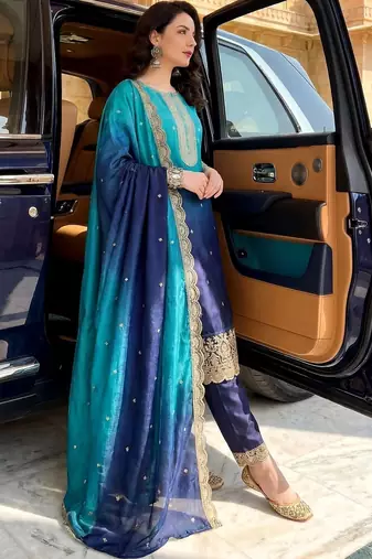 women ombre dyed regular thread work  silk kurta with trousers & with dupatta